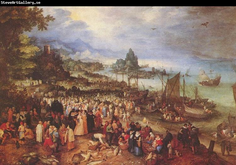 Jan Brueghel Sea port with the lecture of Christ